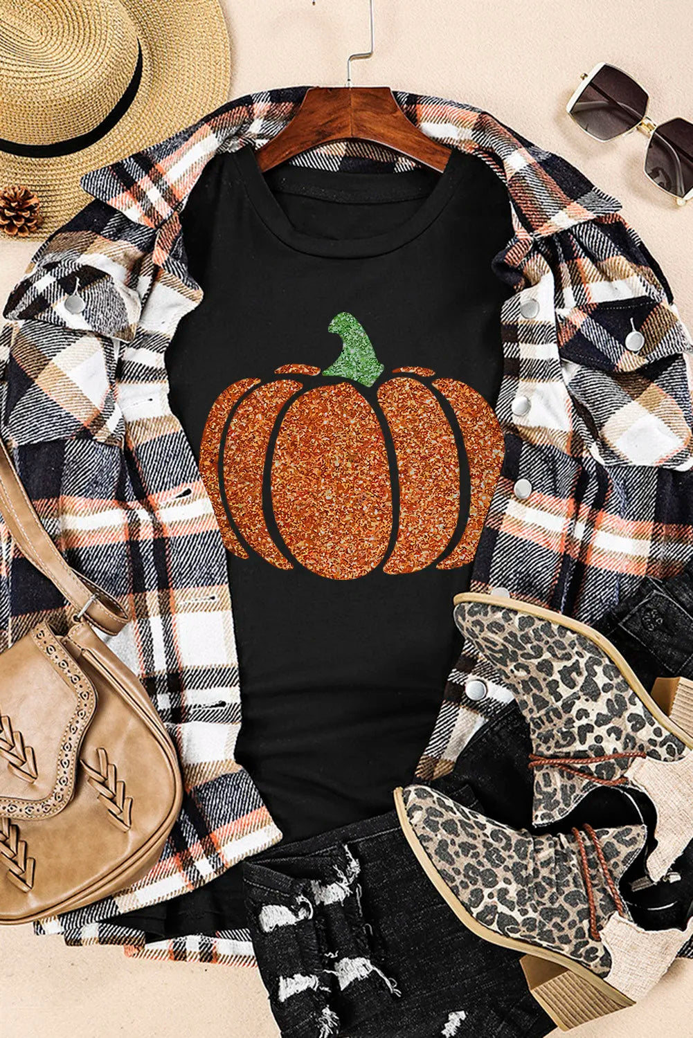 Glitter Pumpkin Round Neck Short Sleeve T-Shirt - T - 1 COLOR -