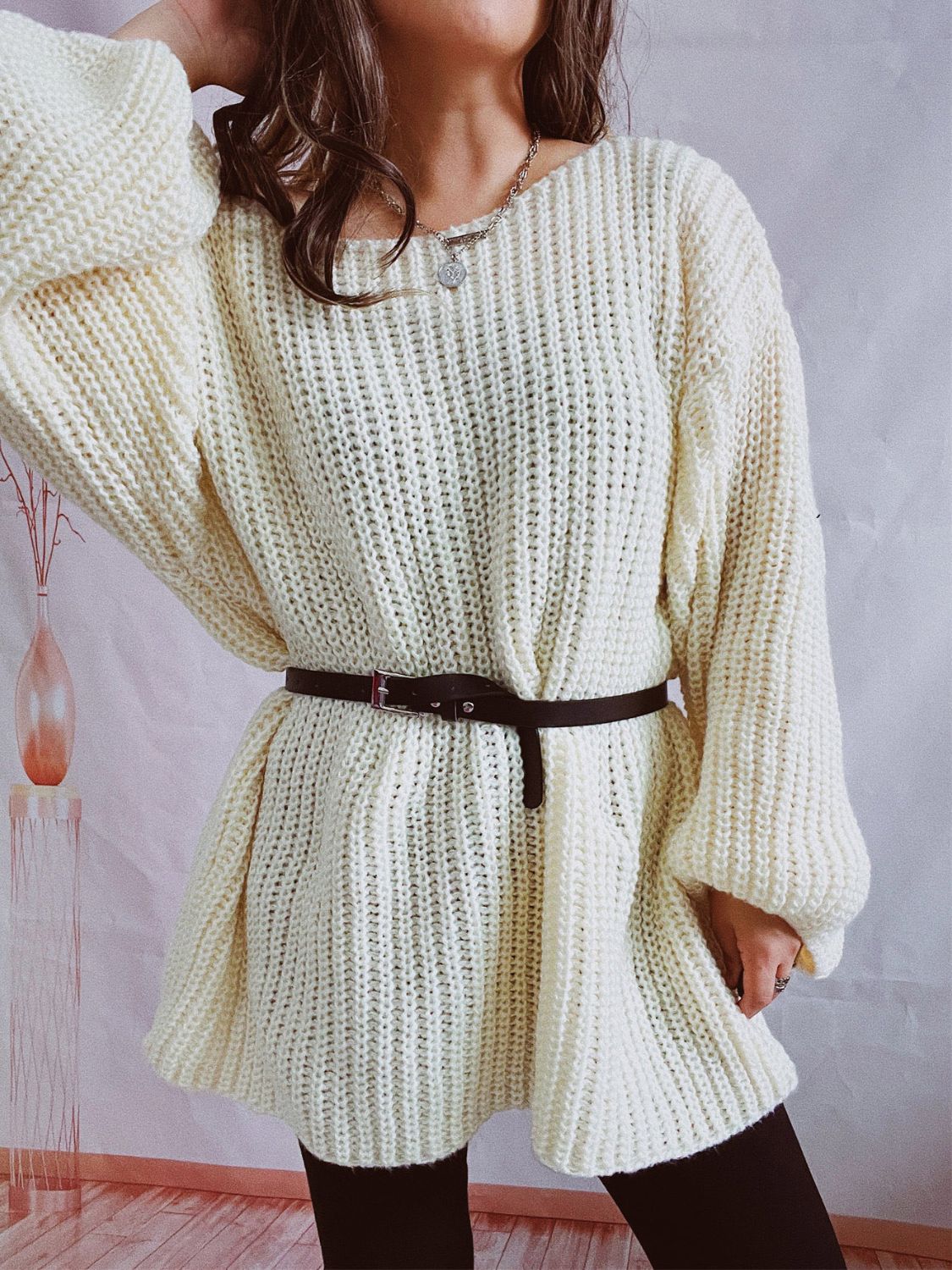 Boat Neck Long Sleeve Sweater with Belt - 2 PCS. - 1 LARGE OVERSIZE - T - 5 COLORS -