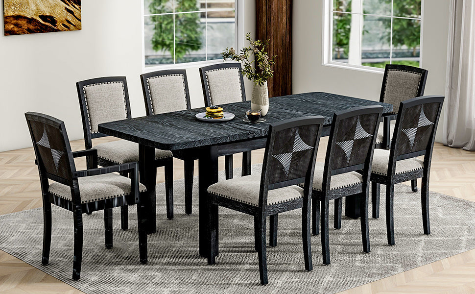 Rustic Extendable 84inch Dining Table Set With 24inch Removable Leaf , 6 Upholstered Armless Dining Chairs and 2 Padded