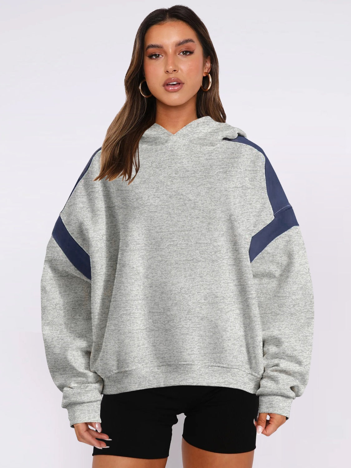 Contrast Dropped Shoulder Long Sleeve Hoodie - T - 6 COLORS -