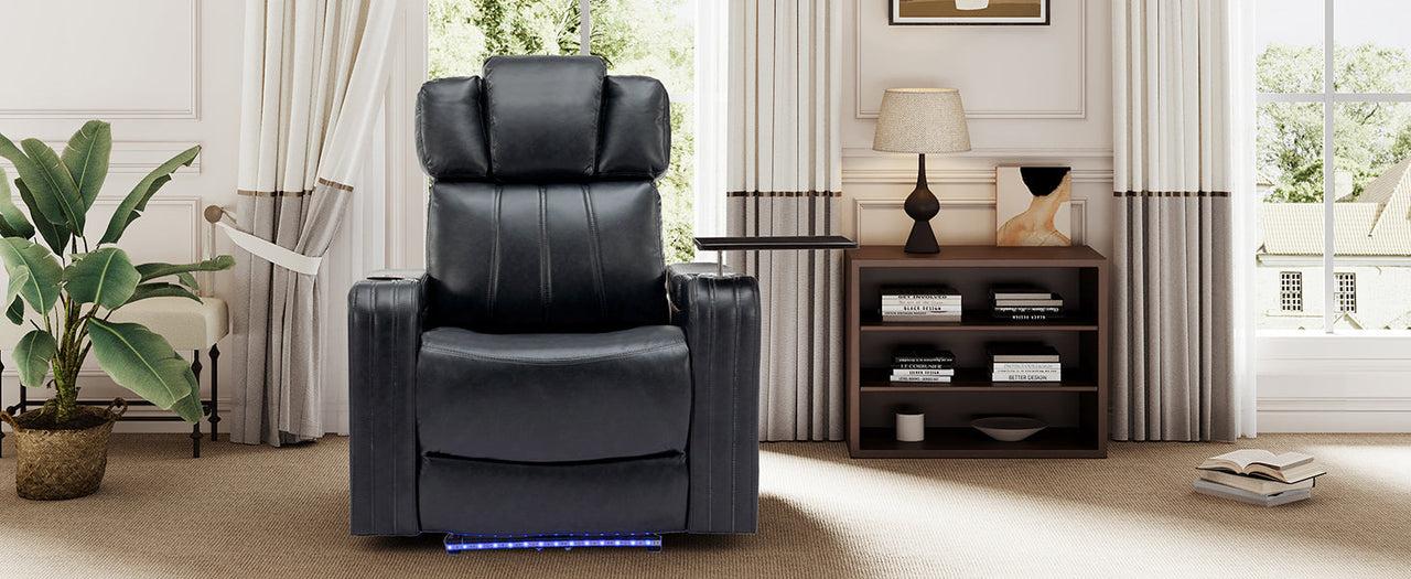 PU Leather Power Recliner Individual Seat Home Theater Recliner With Cooling Cup Holder, Bluetooth Speaker, LED Lights,