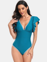 Thumbnail for Plunge Cap Sleeve One-Piece Swimwear - T - 6 COLORS -