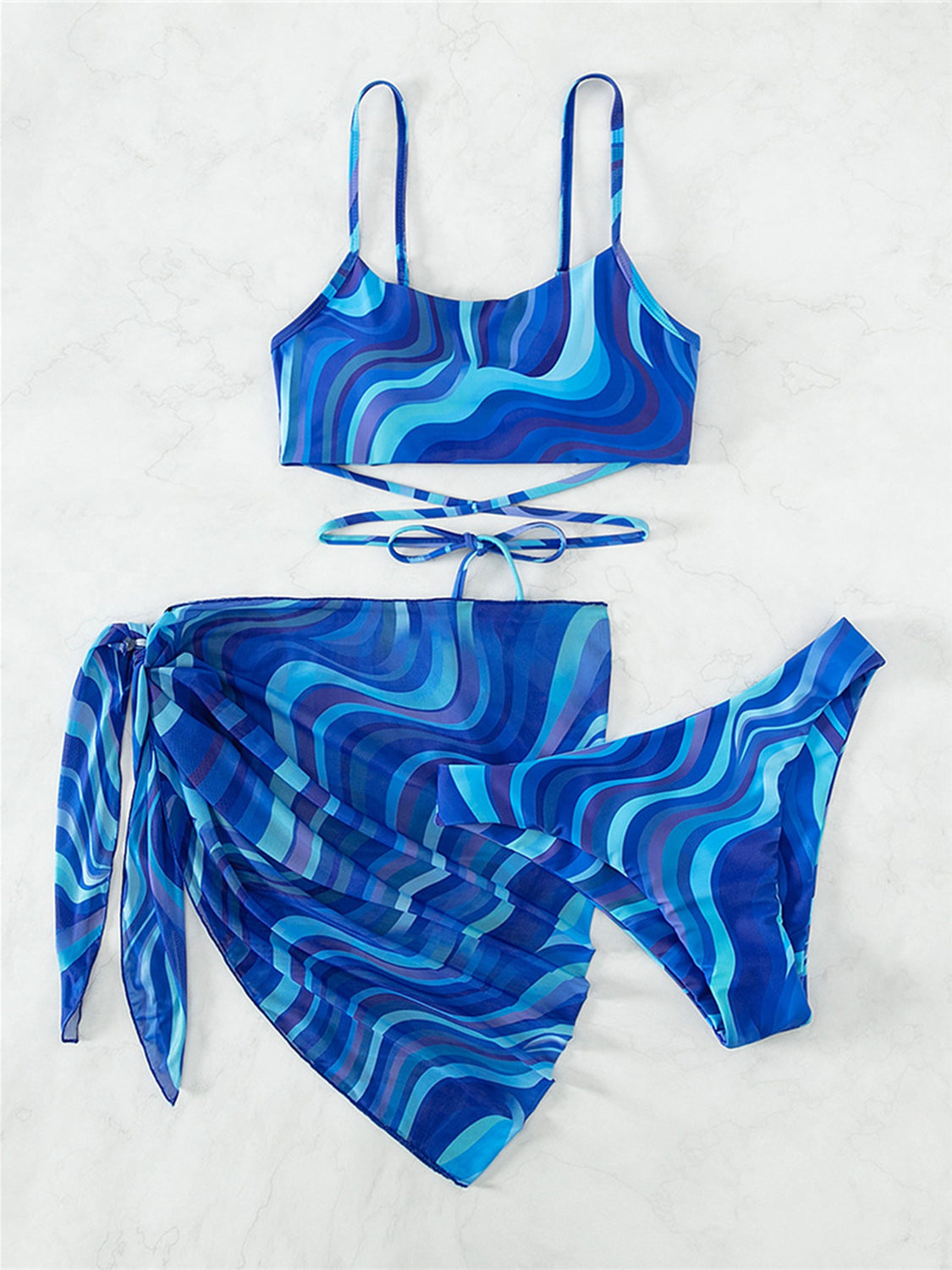 Tied Printed Three-Piece Swim set - 3 PCS. - T - 4 COLORS -