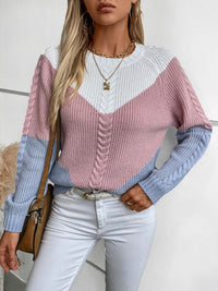 Thumbnail for Color Block Round Neck Long Sleeve Sweater - T - 2 COLORS -