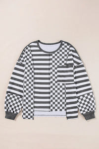 Thumbnail for Checker & Stripes Round Neck Long Sleeve Blouse - T - 1 COLOR -