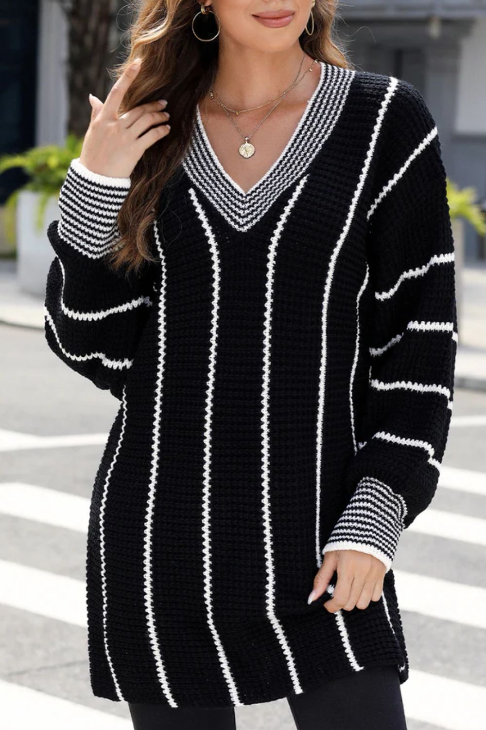 Striped V-Neck Long Sleeve Sweater - T - 1 COLOR -