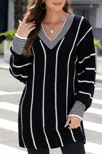 Thumbnail for Striped V-Neck Long Sleeve Sweater - T - 1 COLOR -