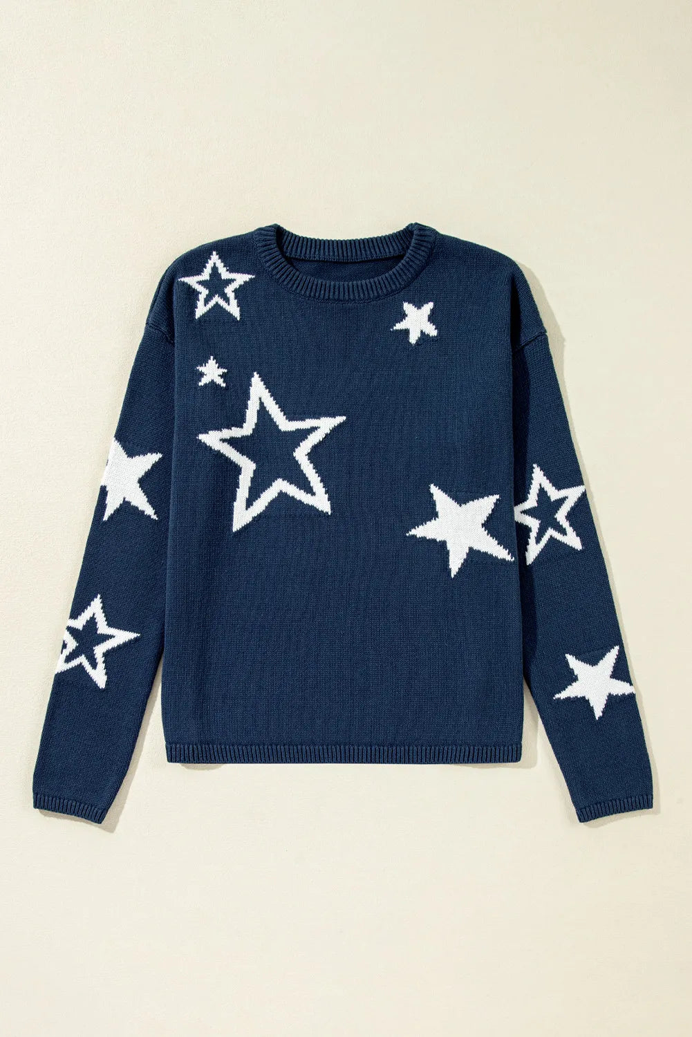 Star Round Neck Long Sleeve Sweater - T - 1 COLOR -