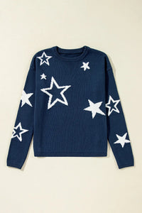 Thumbnail for Star Round Neck Long Sleeve Sweater - T - 1 COLOR -