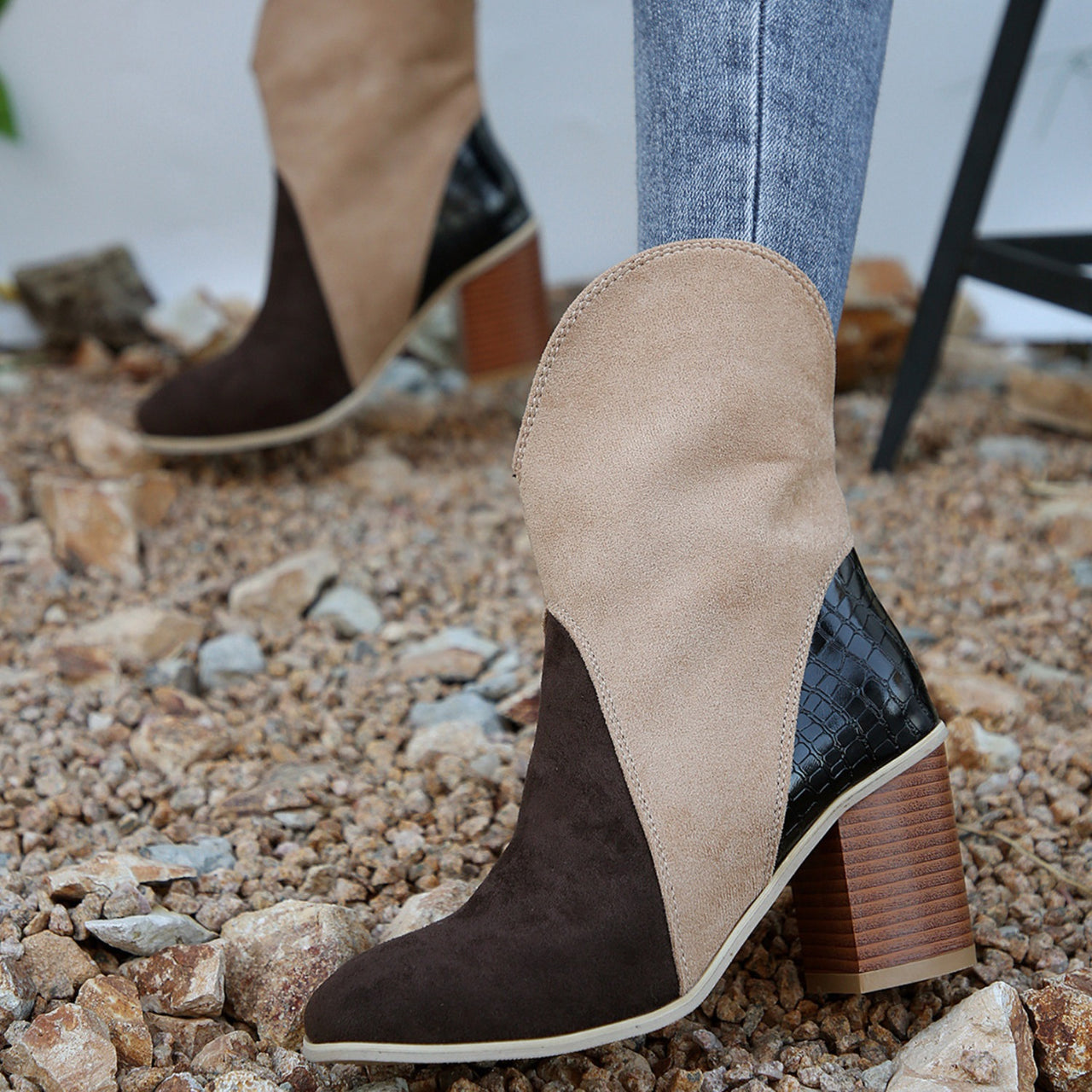 Suede Square Toe Block Heel Boots - T - 4 COLORS -