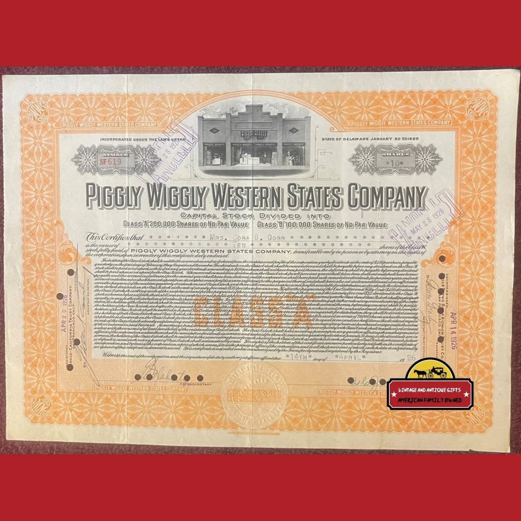 Rare 1926 🐖 Piggly Wiggly Stock Certificate, First Self-Service Grocery Store!