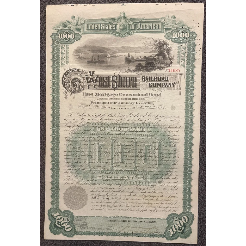 Antique 1885 West Shore Railroad Company Gold Bond Certificate