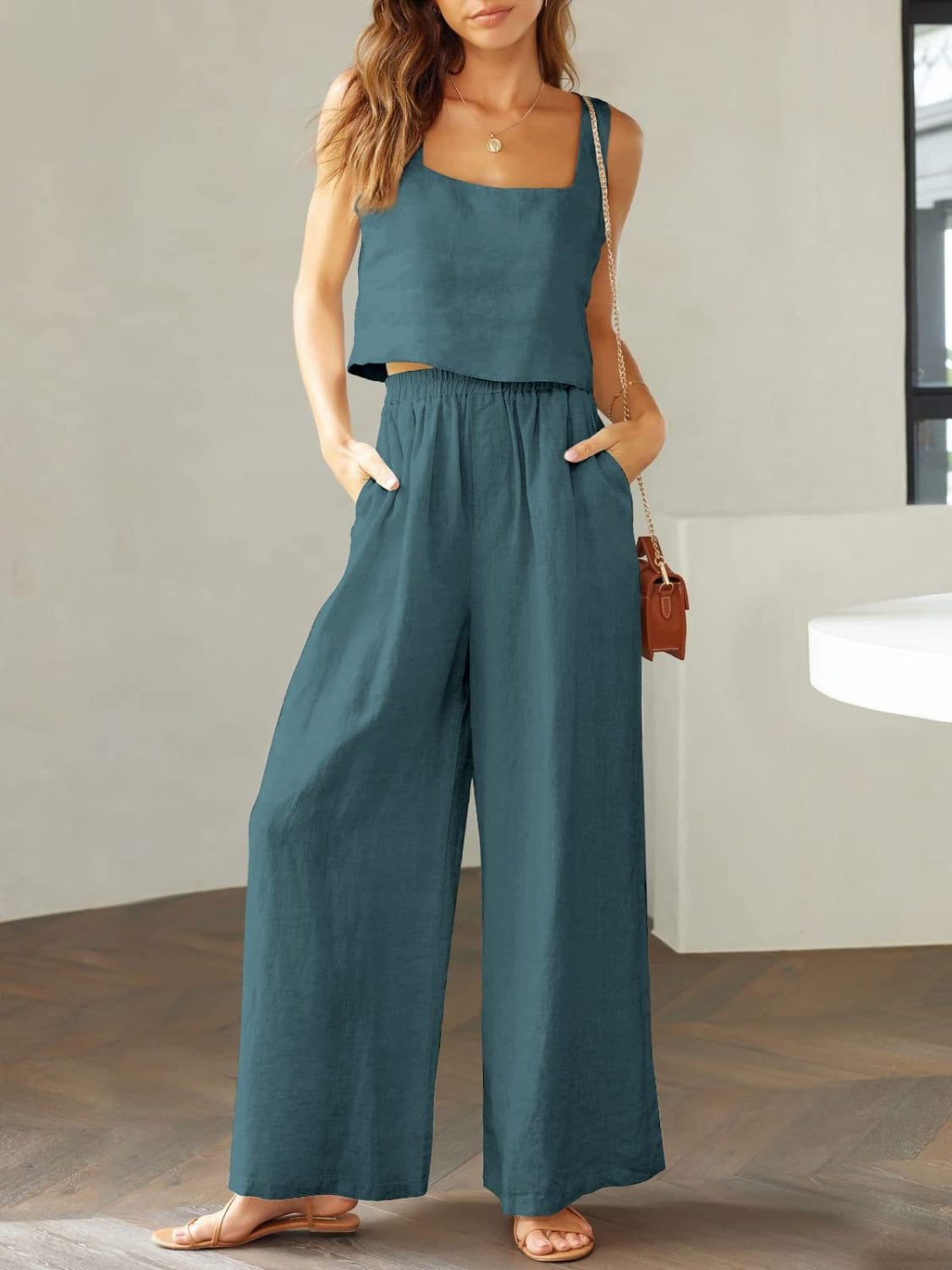 Square Neck Top and Wide Leg Pants set - 2 PCS. - T - 8 COLORS -