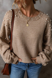 Thumbnail for Pearl Detail Round Neck Long Sleeve Sweater - T - 4 COLORS -