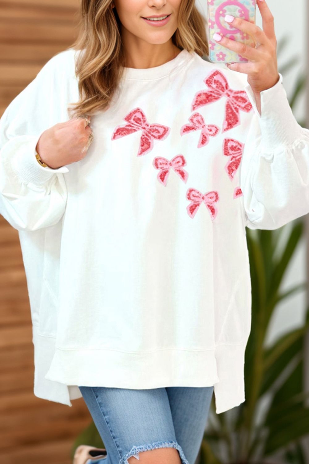 Bow Round Neck Long Sleeve Sweatshirt - T - 1 COLOR -