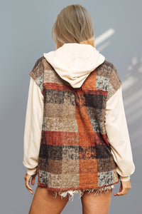 Thumbnail for Double Take Contrast Long Sleeve Hooded Plaid Jacket - T - 1 COLOR -