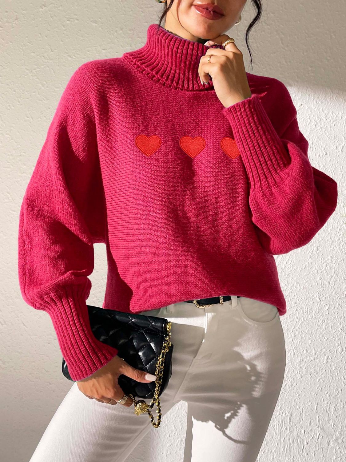 Heart Turtleneck Long Sleeve Sweater - T - 4 COLORS -