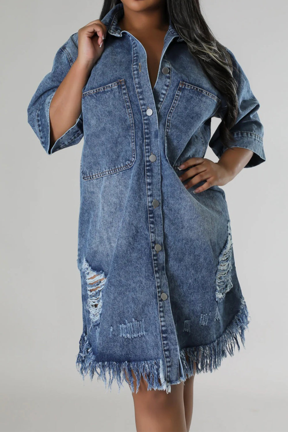 Distressed Raw Hem Button Up Denim Dress - T - LIGHT OR MEDIUM DENIM -