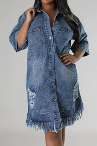 Thumbnail for Distressed Raw Hem Button Up Denim Dress - T - LIGHT OR MEDIUM DENIM -