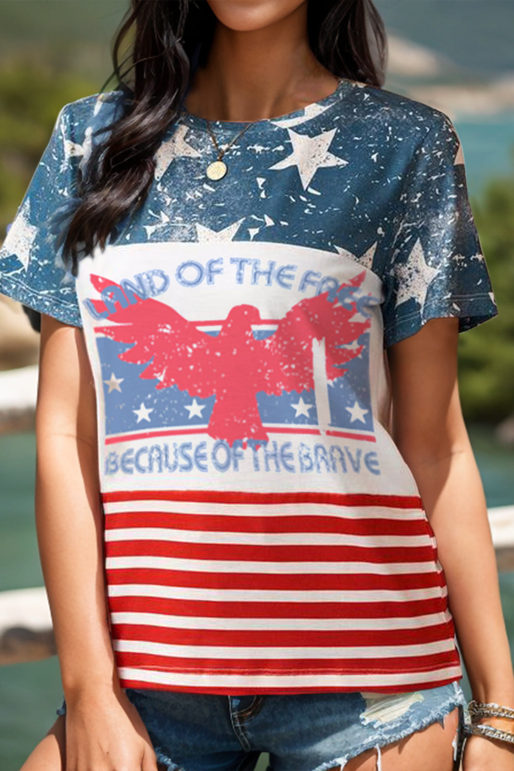 Graphic Round Neck "Land of the Free Home of the Brave" Short Sleeve T-Shirt - T - 1 COLOR -