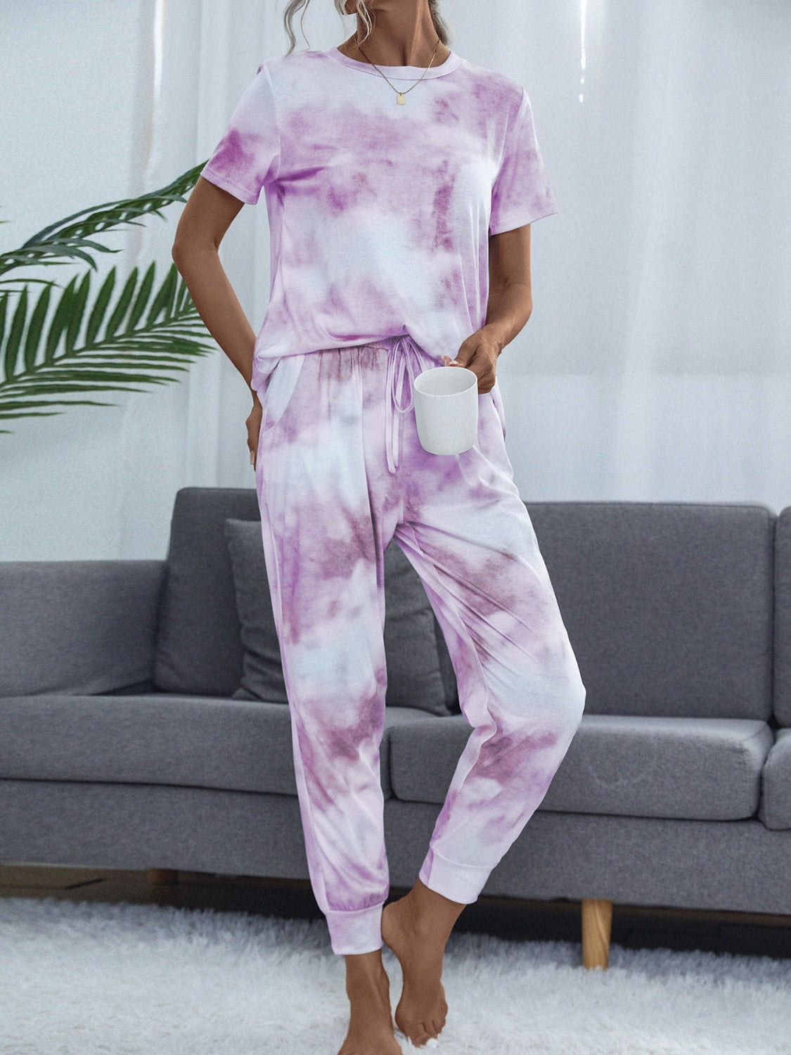 Tie-Dye Round Neck Top and Pants Lounge set - 2 PCS - T - 2 COLORS -