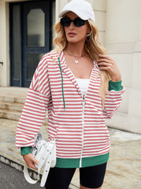 Thumbnail for Drawstring Striped Zip Up Long Sleeve Hoodie - T - 4 COLORS -