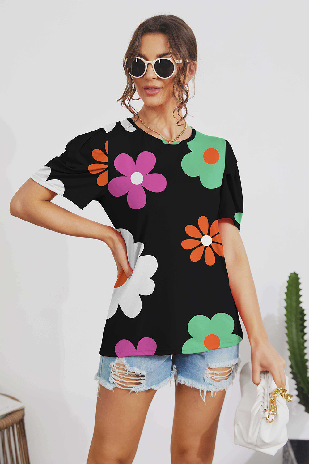 Flower Round Neck Short Sleeve Blouse - T - 1 COLOR -