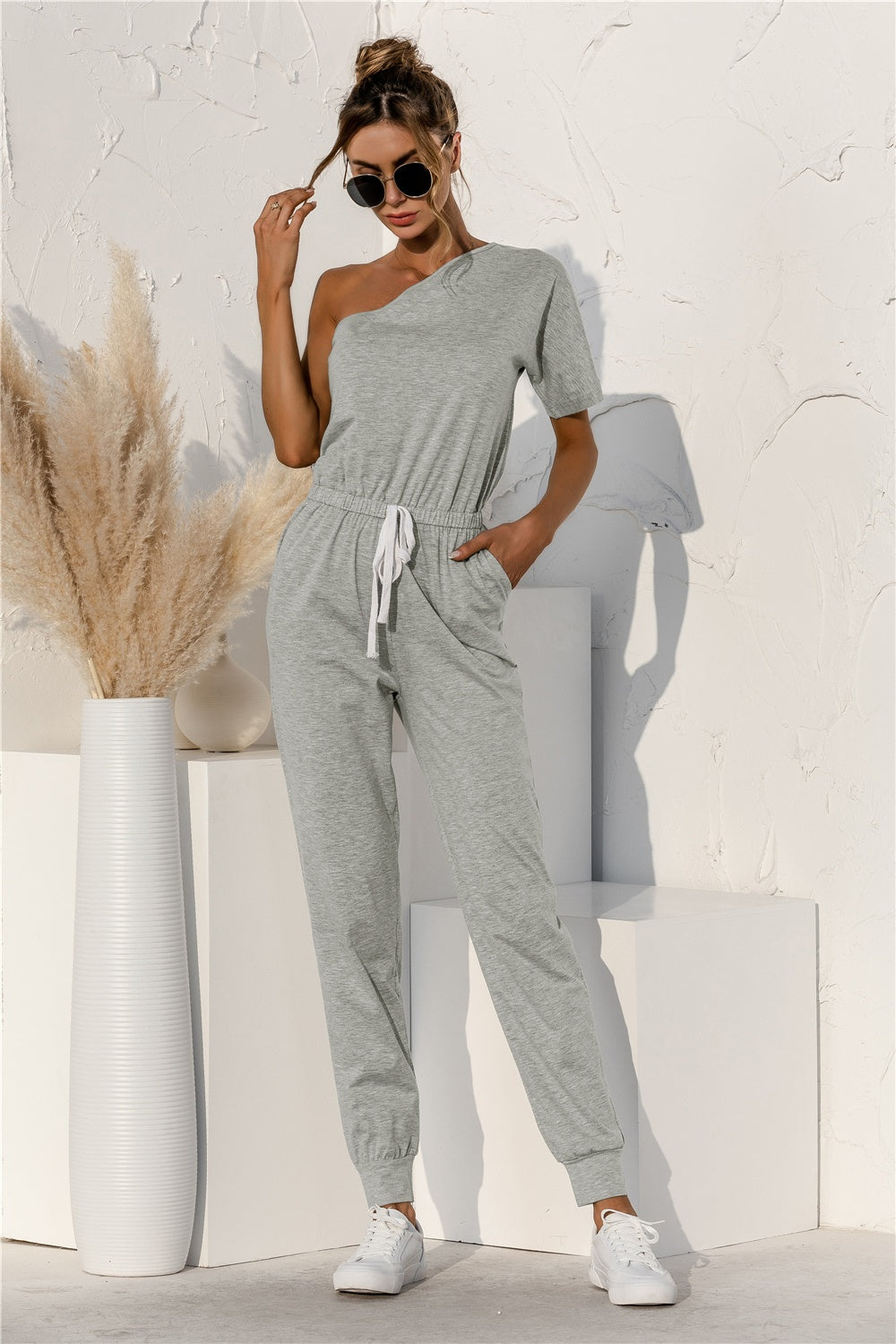 Single Shoulder Short Sleeve Jumpsuit - T - 1 COLOR -