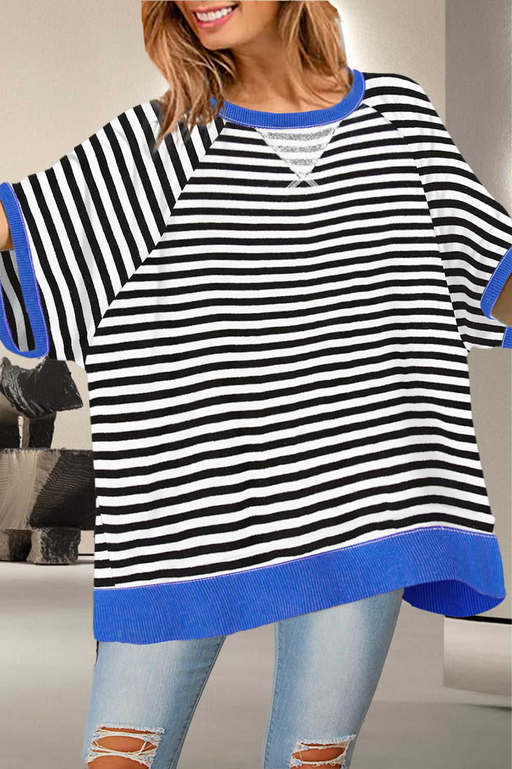 Striped Round Neck Half Sleeve T-Shirt - T - 1 COLOR -