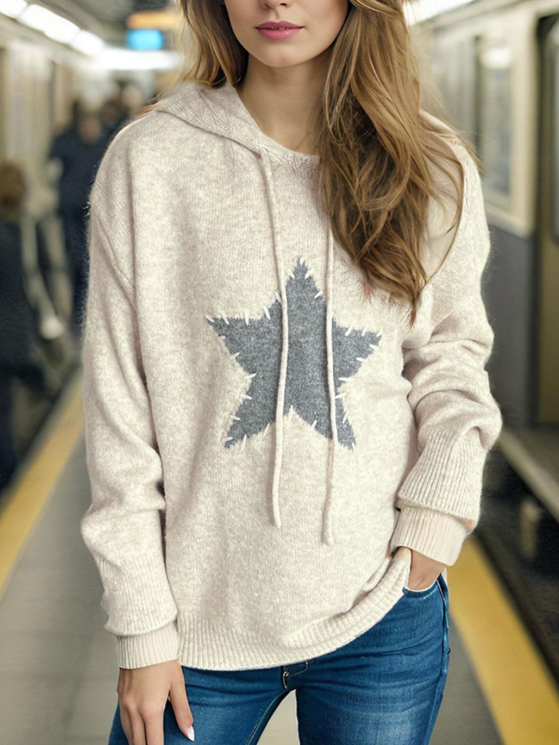 Drawstring Oversized Star Long Sleeve Hooded Sweater - 1 OVERSIZE - T - 2 COLORS -