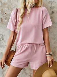 Thumbnail for Textured Round Neck Short Sleeve Top and Shorts Set - 2 PCS. - T - 4 COLORS -