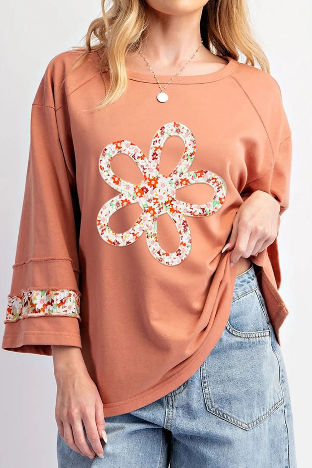 Exposed Seam Slit Floral Round Neck Blouse -T - 2 COLORS -