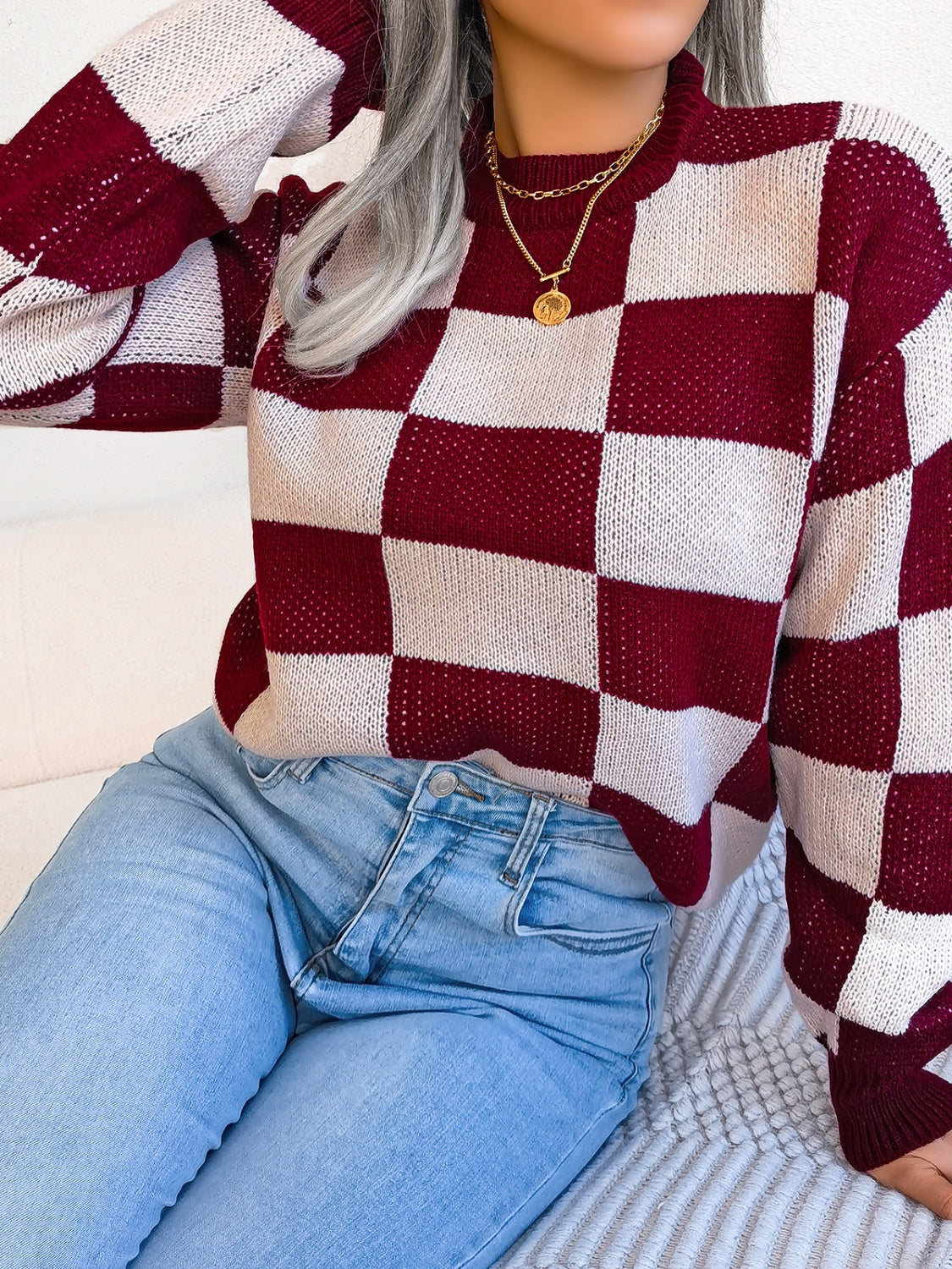 Checkered Mock Neck Long Sleeve Sweater - T - 4 COLORS -