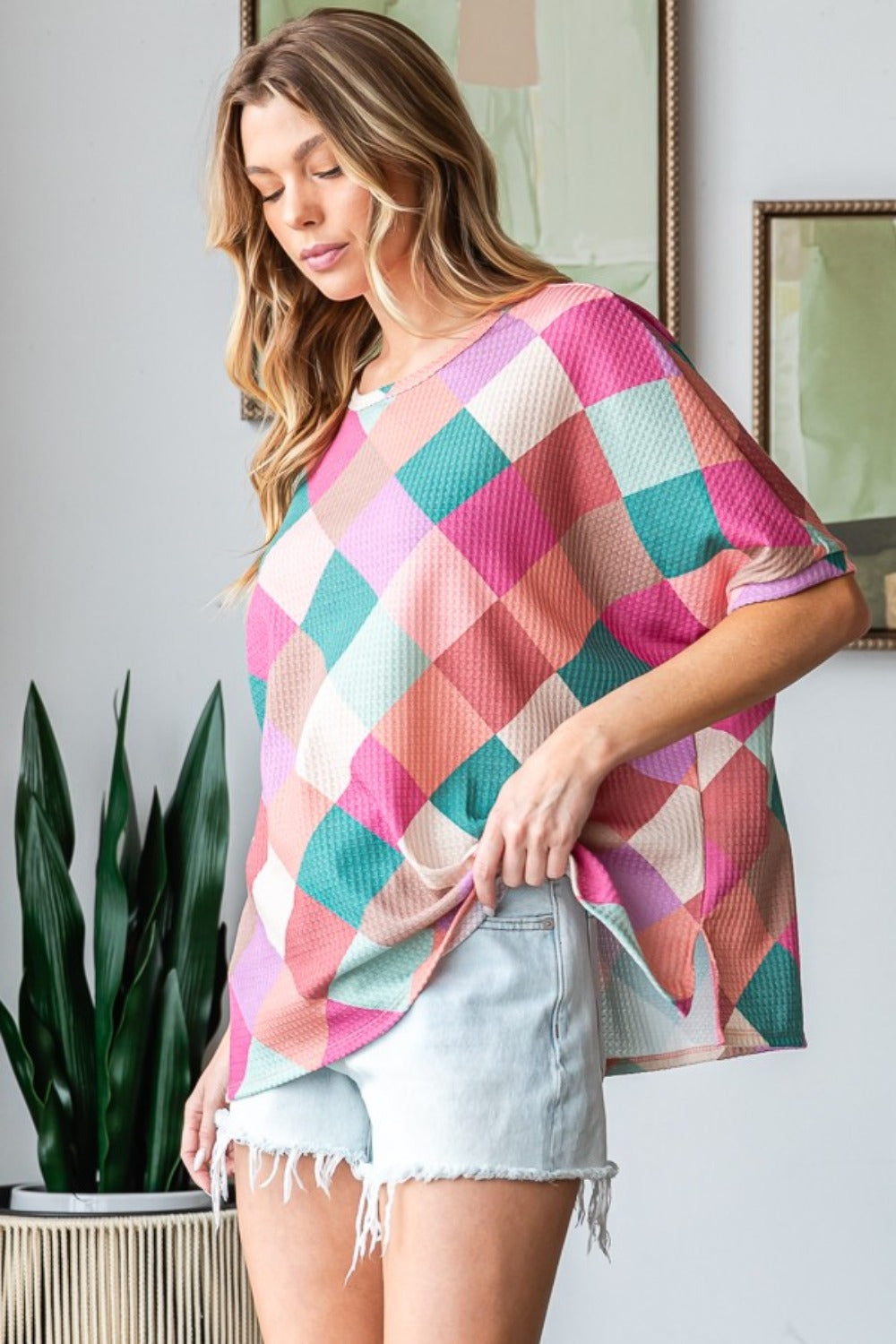 HOPELY Full Size Multi Colored Argyle Side Slit T-Shirt - T - 1 COLOR -