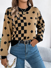 Thumbnail for Plaid Round Neck Long Sleeve Sweater - T - 3 COLORS -