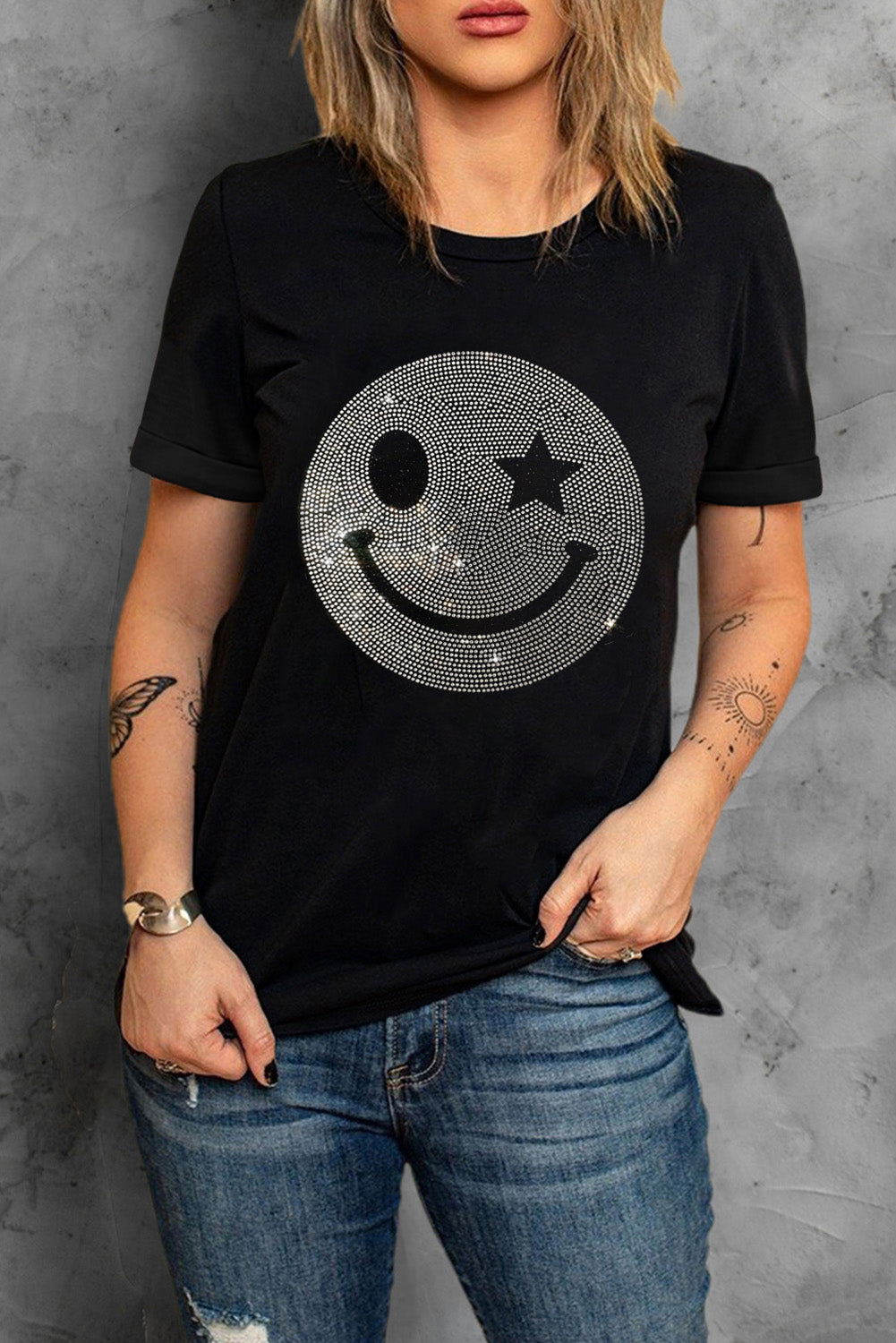 Rhinestone Print Smiley Round Neck Short Sleeve T-Shirt - T - 1 COLOR -