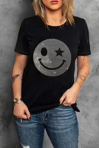 Thumbnail for Rhinestone Print Smiley Round Neck Short Sleeve T-Shirt - T - 1 COLOR -