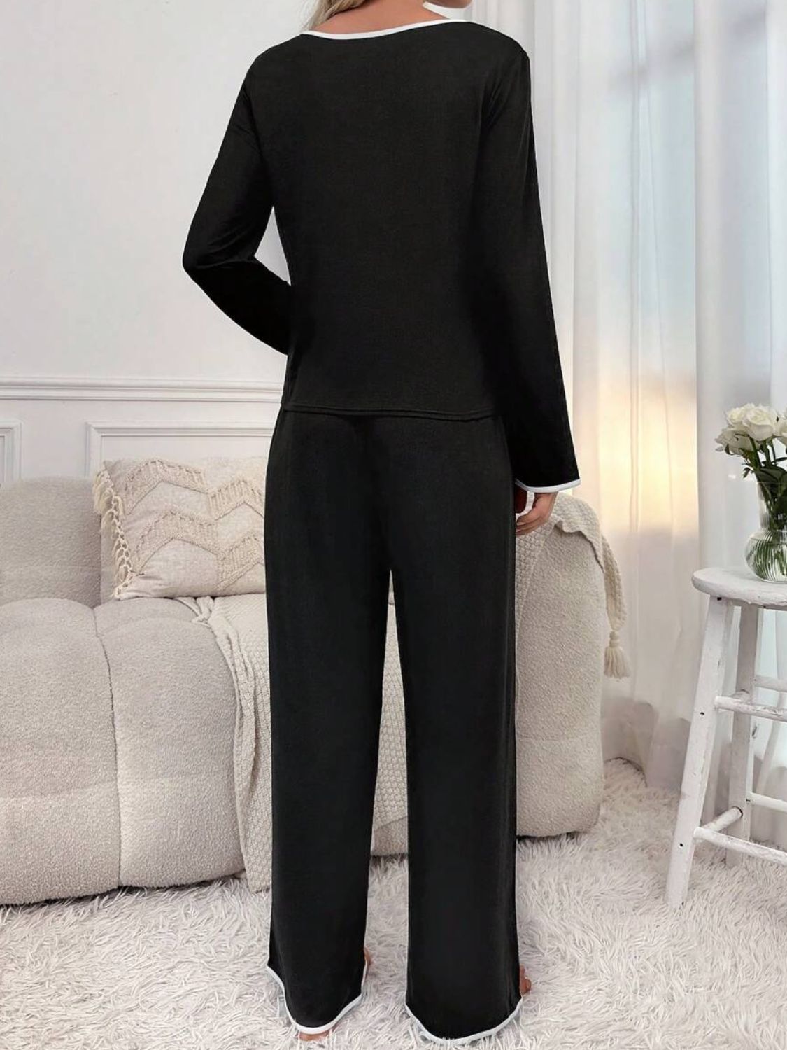 Contrast Trim Notched Long Sleeve Top and Pants Lounge Set - 2 PCS. - T - 1 COLOR -