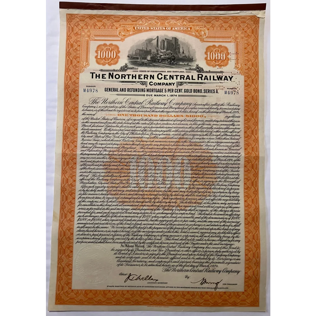 Antique 1924 Northern Central Railway Company Gold Bond Certificate