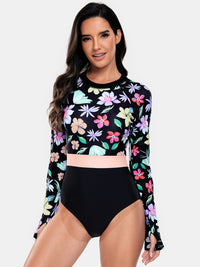 Thumbnail for Flower Round Neck Long Sleeve One-Piece Swimwear - T - 1 COLOR -