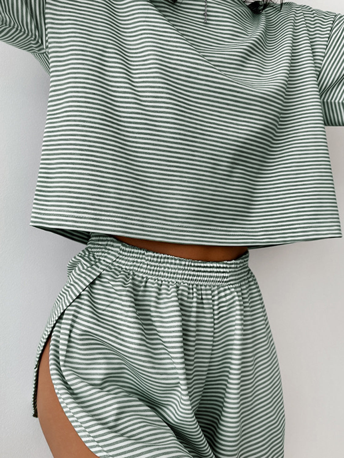 Striped Round Neck Top and Shorts Set - 2 PCS. - T - 3 COLORS -