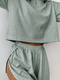 Thumbnail for Striped Round Neck Top and Shorts Set - 2 PCS. - T - 3 COLORS -