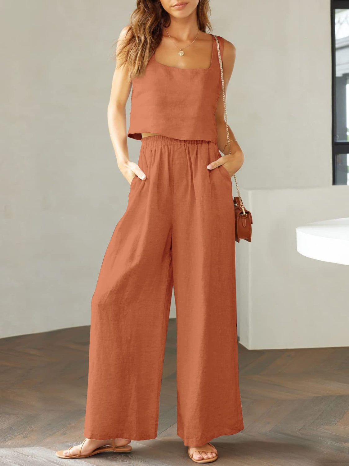 Square Neck Top and Wide Leg Pants set - 2 PCS. - T - 8 COLORS -