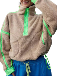 Thumbnail for Drawstring Contrast Half Zip Long Sleeve Plush Sweatshirt - T - 1 COLOR -