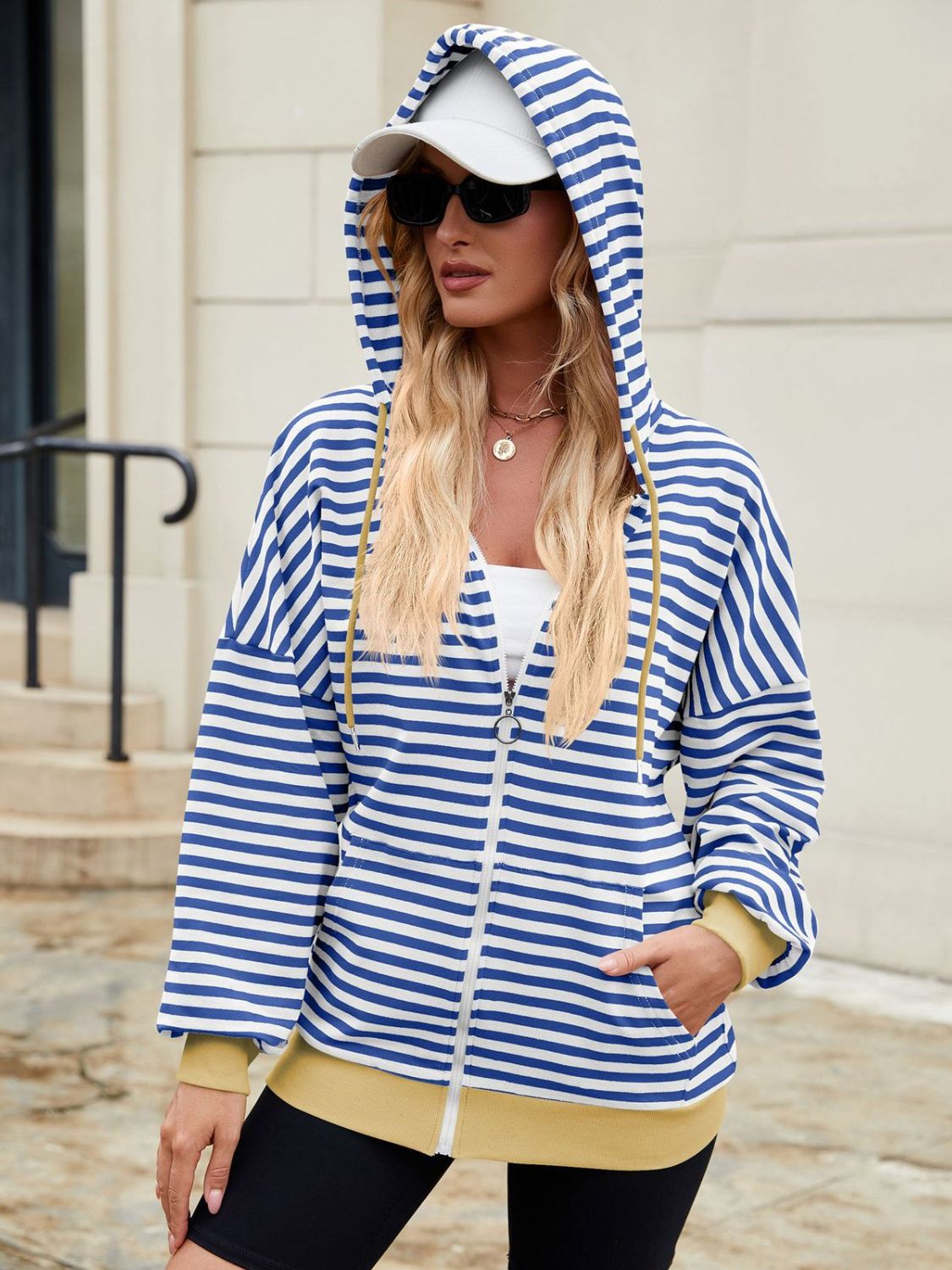 Drawstring Striped Zip Up Long Sleeve Hoodie - T - 4 COLORS -