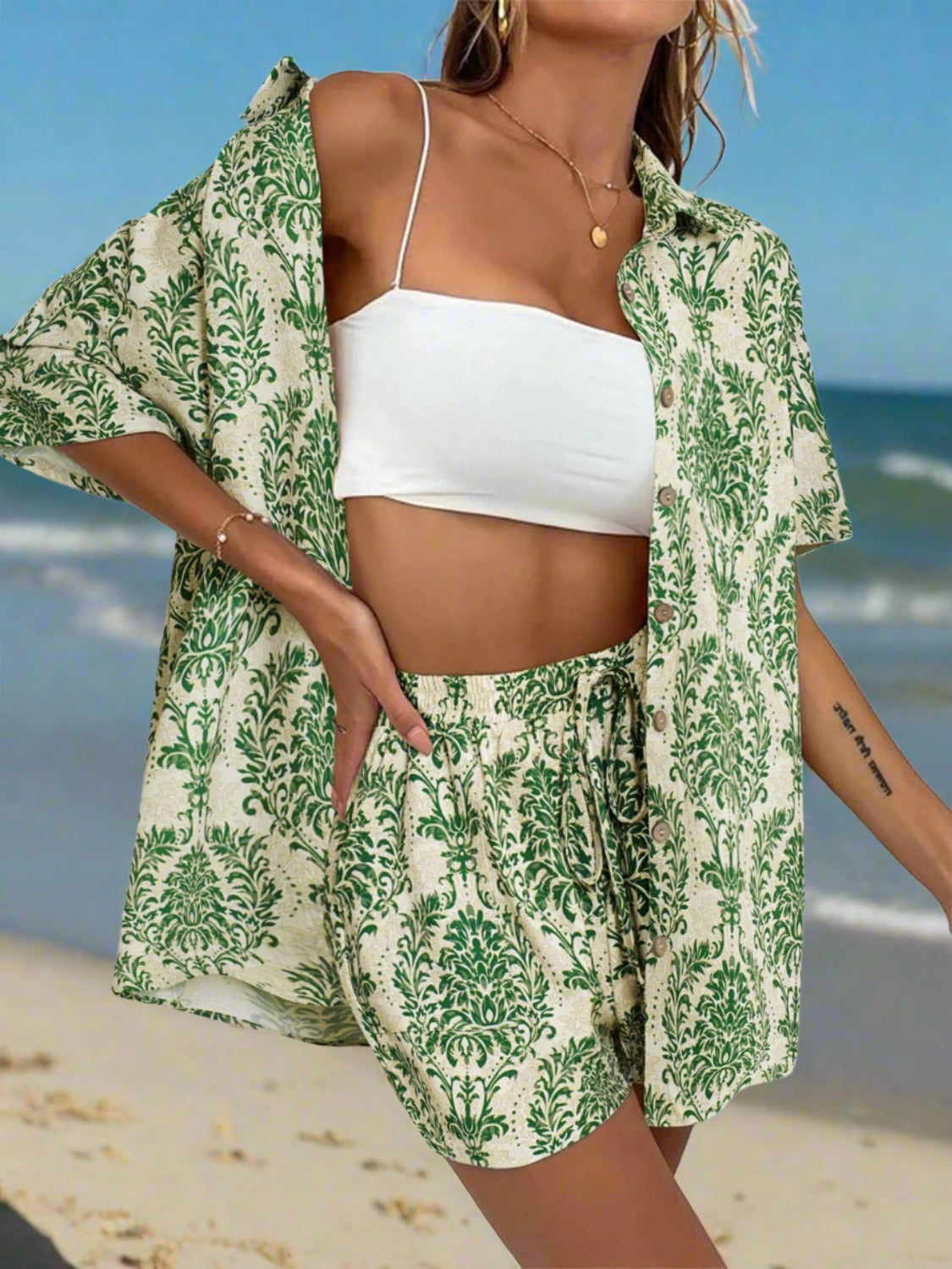 Printed Button Up Top and Shorts Set - Beach or Everyday - 2 PCS. - T - 1 COLOR -