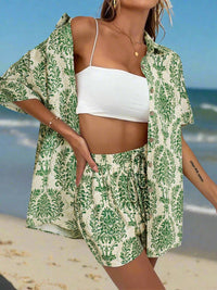 Thumbnail for Printed Button Up Top and Shorts Set - Beach or Everyday - 2 PCS. - T - 1 COLOR -