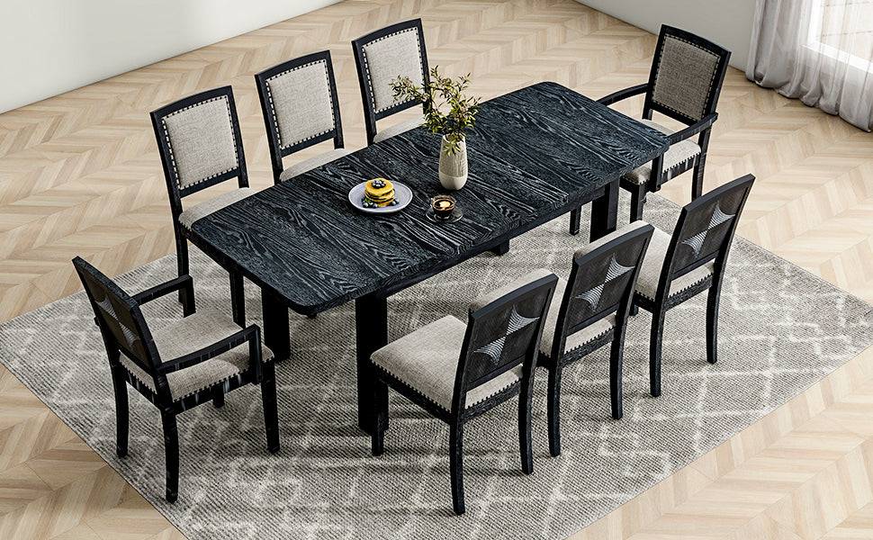 Rustic Extendable 84inch Dining Table Set With 24inch Removable Leaf , 6 Upholstered Armless Dining Chairs and 2 Padded