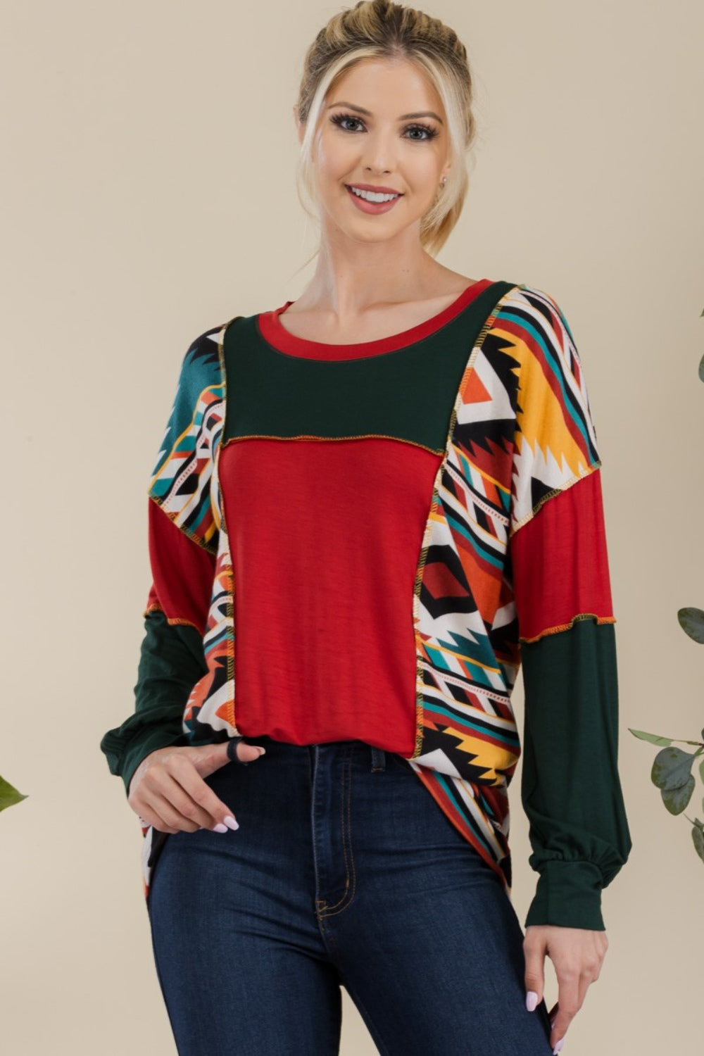 Celeste Full Size Exposed Seam Printed Color Block T-Shirt - T - 1 COLOR -