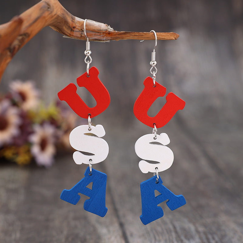 USA Wooden Letter Dangle Earrings - T -